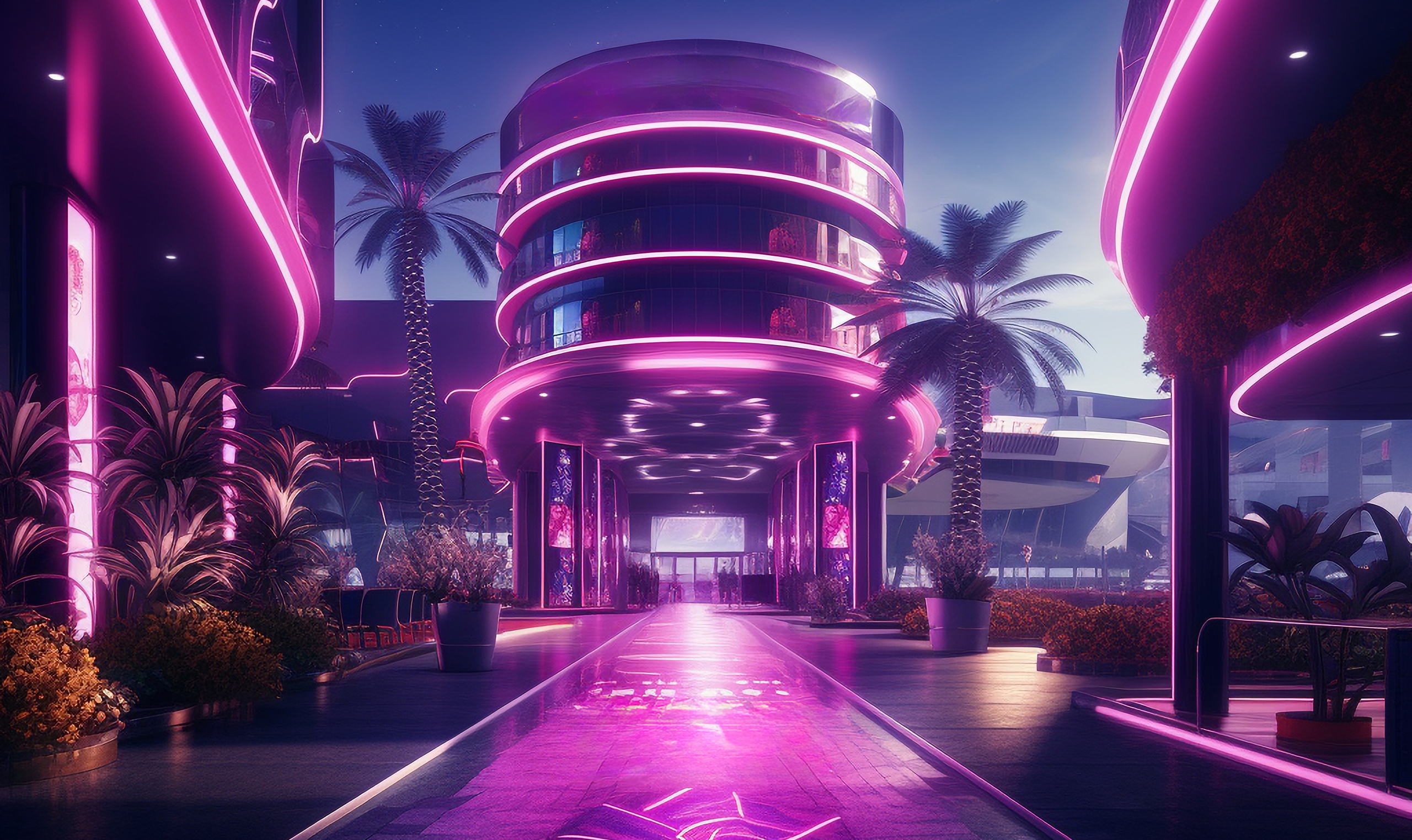 Open space with palm trees and casino entrance, in pinkish tone